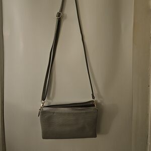 Gray Woven Crossbody Bag with Gold Zipper Accents